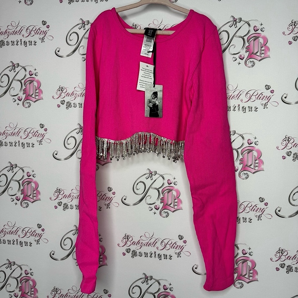 Sincerely Jules Pink Long Sleeve Top with Silver Fringe rhinestone diamond bling